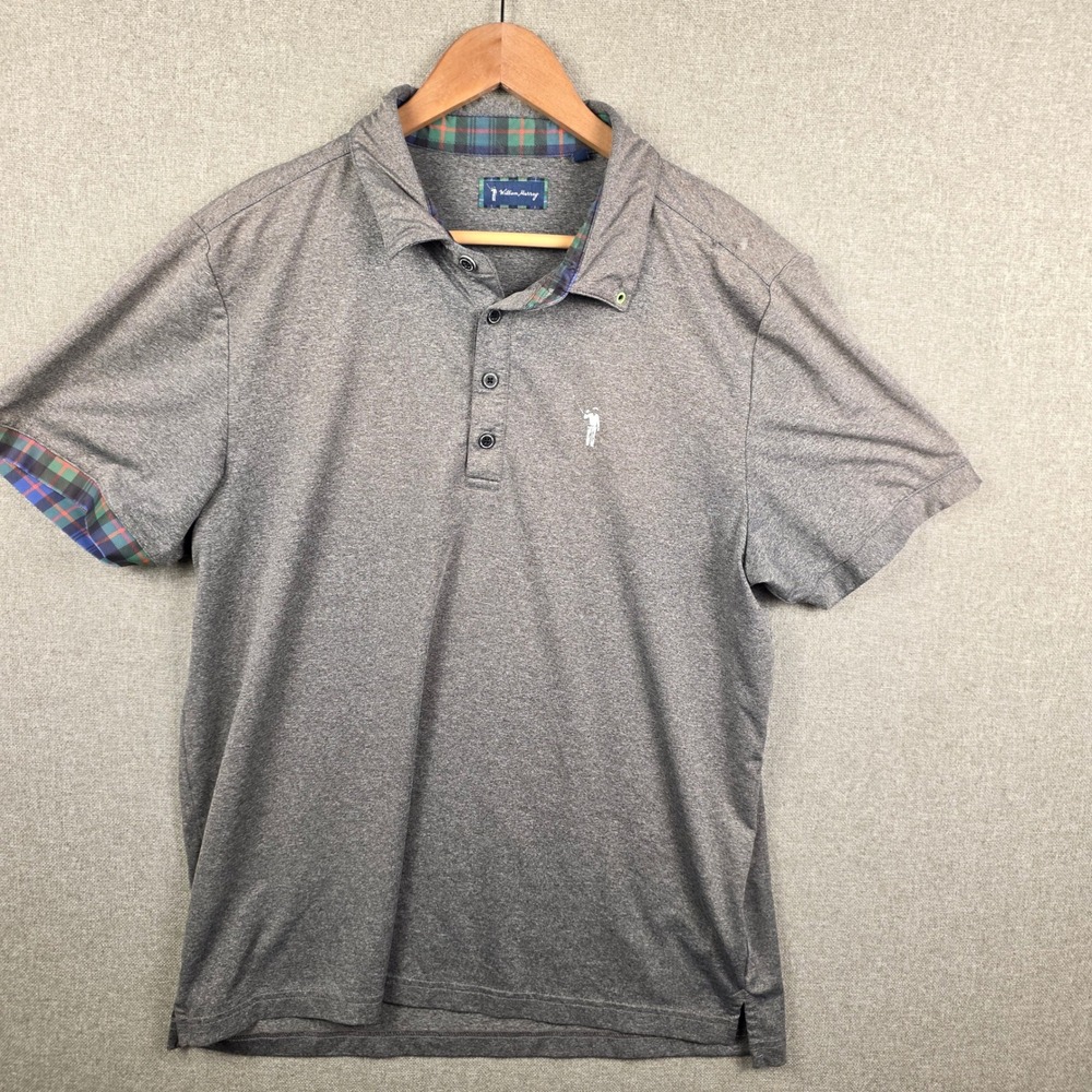 William Murray‎ Golf Mens Large Grey Heather Plaid Trim Performance Polo Shirt